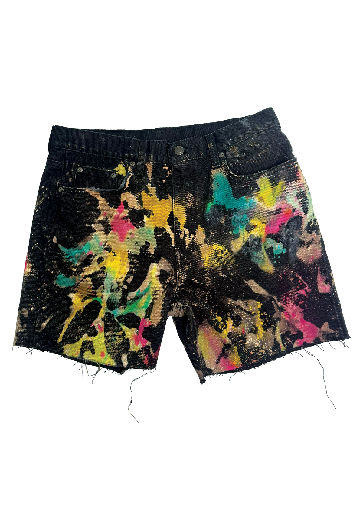 Reverse tie-dye distressed shorts shown flat with visible distressing